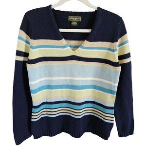 Eddie Bauer Woman SZ M Cotton Blend V Neck Sweater Rugby Type Stripes Colorful